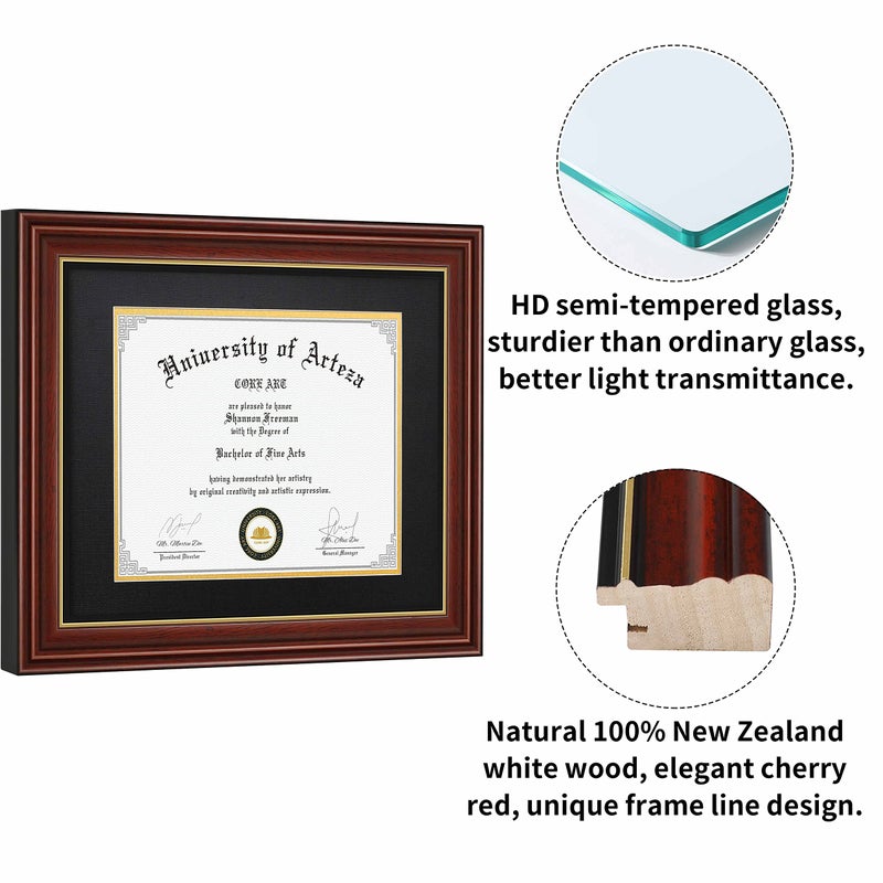 CORE ART Diploma Frame, 8.5x11 Inch with Double Mat or 11x14 Inch Without Mat Display for Document Frame, Natural Solid Wood Certificate Frame with Golden Rim, Semi-Tempered Glass Panel. - Image 2